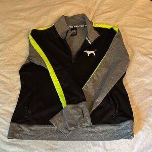 VS PINK Black and Gray Quarter-Zip Pullover with Neon Accents
